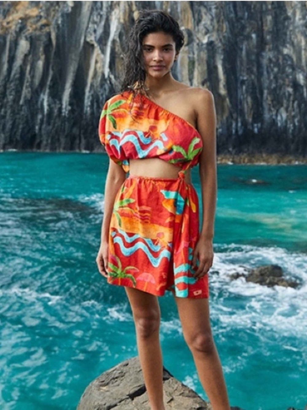 FARM RIO Red One-Shoulder Mini Dress Ipanema, Size Small